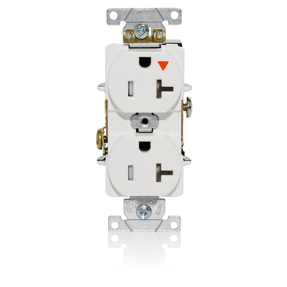 Duplex Receptacle, Tamper-resistant, Isolated Ground, 2-Pole 3-Wire Grounding, NEMA 5-20R, 20A-125V Flat Face, Back And Side Wired, White. 1-piece Ground.