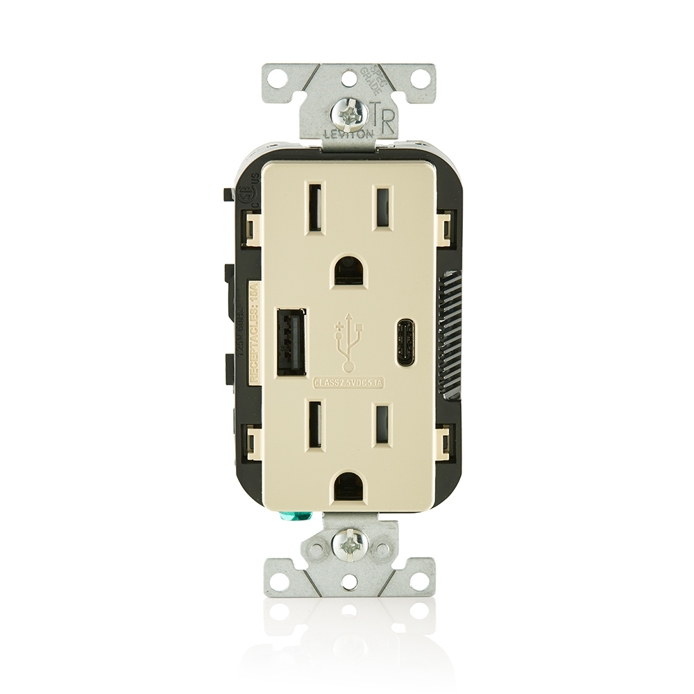 Combination Duplex Receptacle/Outlet and USB Charger. 15 Amp, 125 Volt, Decora Tamper Resistant Receptacle/Outlet, NEMA 5-15R. 5.1 Amps, 5VDC, 2.0 Type A and Type-C USB Chargers. Grounding, Side Wired & Back Wired - Ivory