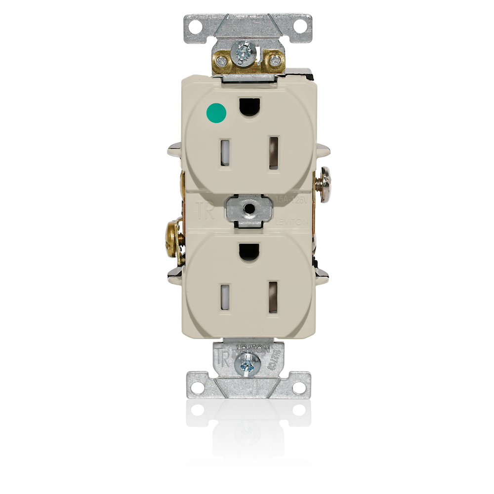 Duplex Receptacle, Tamper-resistant, Hospital Grade, 2-Pole 3-Wire Grounding, NEMA 5-15R, 15A-125V, Flat Face, Back And Side Wired, Light Almond. 1-piece Ground-Contractor Pack