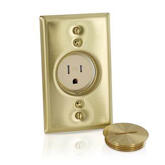 15 Amp, 125 Volt, NEMA 5-15R, 2P, 3W, Single Receptacle, Straight Blade, Tamper-Resistant, Display Receptacle with Brass Wallplate & Screw Cap, Back & Side Wired, Steel Strap - Ivory