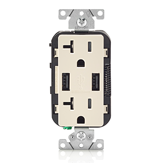 20 Amp/125 Volt. Combination Duplex Receptacle and USB Charger. Decora Tamper-Resistant Receptacle. NEMA 5-20R. 3.6 Amps. 5VDC. 2.0 Type A USB Chargers. Grounding. Side Wired And Back Wired - Light Almond