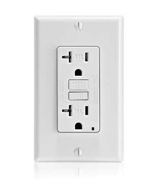 Self-Test Slim Tamper Resistant GFCI Receptacle. Nema 5-20R 20A-125V At Receptacle, 20A-125V Feed-through. Lighted - White With White Test And Reset Button.