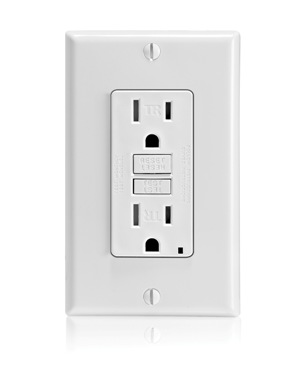 Self-Test Slim Tamper Resistant GFCI Receptacle. Nema 5-15R 15A-125V At Receptacle, 20A-125V Feed-through. Lighted - White With White Test And Reset Button.