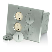 Floor Box Assembly, 1-gang, Includes Nickel-Plated Brass Floor Plate, Gasket (1),  Screw  Caps (4),  O - Ring (4), Electrical Box (1) And Ivory  Duplex  Receptacle (2 - TBR15-I) 15A-125V, 2-Pole, 3-wire, Grounding, NEMA 5-15R