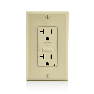 20 Amp, 125 Volt Receptacle/Outlet, 20 Amp Feed-Through, Self-test SmartLock Pro Slim GFCI, monochromatic, Residential/Commercial applications, back and side wired, heavy duty, wallplate/faceplate and self grounding clip included, NAFTA Compliant - Ivory