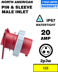 20 Amp, 125 Volt, IEC 309-1 & 309-2, 2P, 3W, Inlet North American Pin & Sleeve Receptacle, Industrial Grade, IP67, Watertight - Yellow