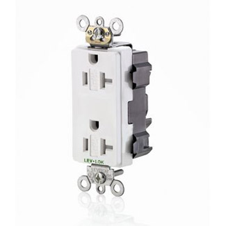 20 Amp 125 Volt. NEMA 5-20R. 2P/3W. Lev-Lok Duplex Receptacle. Decora Plus. Tamper-Resistant. Straight Blade. Commercial Grade. Self-Grounding. Modular Terminals. Steel Strap - White