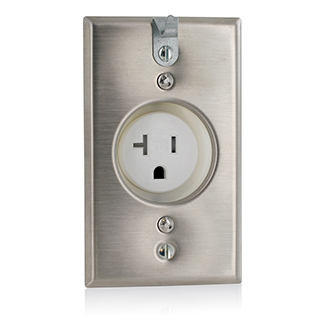 20 Amp, 125 Volt, NEMA 5-20R, 2P, 3W, Single Receptacle, Tamper-Resistant, Straight Blade, Clock Hanger Receptacle, Stainless Steel Wallplate, Back & Side Wired - White