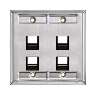Angled Quickport Wallplate With Id Windows. Dual Gang. 4-port. Color Stainless Steel.