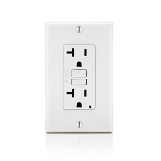 Self-Test Slim Non-Tamper Resistant GFCI Receptacle. Nema 5-20R, 20A-125V @ Receptacle, 20A-125V Feed-through. With Mounting Screws, Washers, Instruction Sheets. Self-ground Clip And Nylon Wallplate. Nafta Version - White, With White Test And Reset Buttons