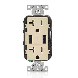 20 Amp/125 Volt. Combination Duplex Receptacle and USB Charger. Decora Tamper-Resistant Receptacle. NEMA 5-20R. 3.6 Amps. 5VDC. 2.0 Type A USB Chargers. Grounding. Side Wired And Back Wired - Ivory