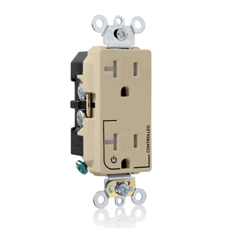 Tamper Resistant Decora Duplex Receptacle, 2-pole 3-wire, NEMA 5-20R, 20A-125V, Ivory, Back And Side Wired, Self Grounding, Triple-combination-head Screws, Commercial Spec Grade - Hot Terminal Split W/1 Plug Controlled Markings Universal Marking Orientation
