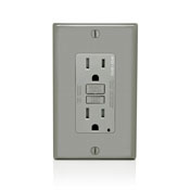 15 Amp, 125 Volt Dual Function AFCI/GFCI Receptacle, 20 Amp Feed-Through, Tamper-Resistant, Monochromatic, back and side wired, nylon wallplate/faceplate, screws and self-grounding clip included – Gray