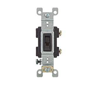 Switch Framed Toggle, Single Pole, Quiet Switch, 15A-120V AC, Residential Grade, Quickwire and Side-Wired, Terminal Clamps, Grounding Clip, Ground Screw, Color: Brown