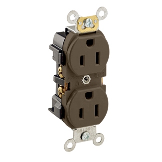 15 Amp, 125 Volt, NEMA 5-15R, 2P, 3W, Industrial Series Heavy Duty Specification Grade, Duplex Receptacle, Straight Blade, Self Grounding, Back & Side 8 Hole Feed-Thru Wired, Steel Strap, - BROWN