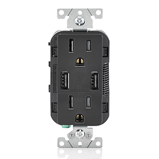 15A-125V 2 Pole/ 3-wire. Nema 5-15r. Combination Duplex Decora Receptacle And Usb Charger. Grounding Decora Tamper Resistant Receptacle - Black