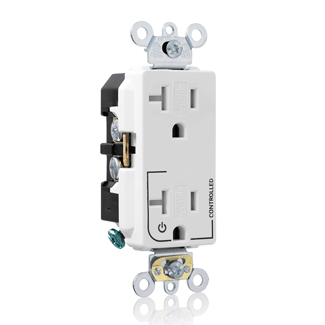 Tamper Resistant Decora Duplex Receptacle,  2-Pole 3-Wire, NEMA 5-20R, 20A-125V, White, Back And Side Wired, Self Grounding, Triple-combination-head Screws, Commercial Spec Grade - Hot Terminal Split W/1 Plug Controlled Markings Universal Marking Orientation