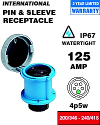 125 Amp, 200/346-240/415 Volt, IEC 309-1 & 309-2, 4P, 5W, Outlet International-Rated Pin & Sleeve Receptacle, Industrial Grade, IP67, Watertight - Red