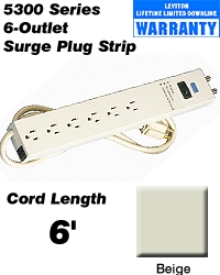 120 Volt, 15 Amp, Surge Protected, 6-Outlet Strip with Switch, Data Sensitive, 6 Feet Cord Length, Beige
