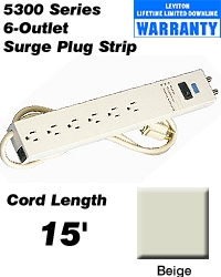 120 Volt, 15 Amp, Surge Protected, 6-Outlet Strip with Switch, Data Sensitive, 15 Feet Cord Length, Beige