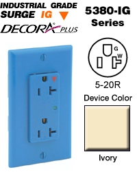 20 Amp, 125 Volt, Decora Plus Duplex Surge Suppressor Receptacle, Straight Blade, Industrial Grade, Isolated Ground, Surge with Indicator Light, Ivory