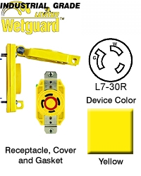 Wetguard Locking, Single Receptacle, with Cover, 30A, 277V, 2-Pole, 3-Wire, Grounding, Corrosion Resistant, Yellow
