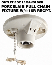 One-Piece Glazed Porcelain Outlet Box Mount, Incandescent Lampholder, Pull Chain, 2 Wire Outlet, Side Wired, White