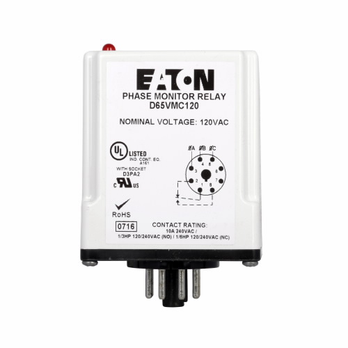Product image for Eaton Electrical D65VMLP480 208 to 480 Volt Din Rail Mount Voltage/Phase Monitoring Relay