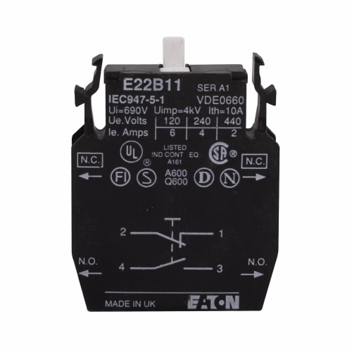 Product image for Eaton Electrical E22B20 22.5 mm 2NO Screw Terminal Push Button Contact Block