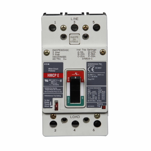 Product image for Cutler-Hammer HMCPE003A0C molded case circuit breaker accessory motor protection, Motor circuit protector, 3 A, Three-pole, 480 V, Adjustable, Frame J-K, 9-30 A, 600 Y/347 V, Series G, Non-aluminum