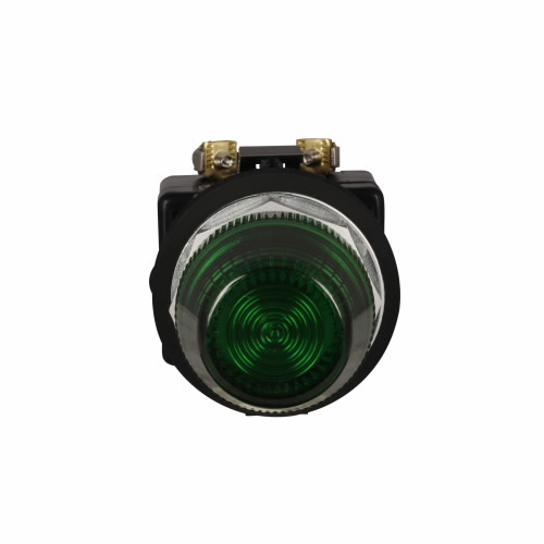 Product image for Cutler-Hammer HT8HFGF7 HT800 pushbutton, Watertight and Oiltight-HT800, Indicating Light Unit, Standard actuator, Chrome, LED, Full voltage, NEMA 3, 3R, 4, 4X, 12 and 13, Illuminated, Green, 120 Vac/dc,