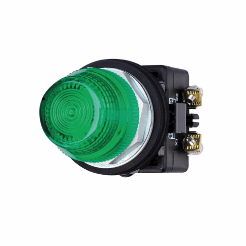 Product image for Cutler-Hammer HT8HFGV3 HT800 pushbutton, Watertight and Oiltight-HT800, Indicating Light Unit, Standard actuator, Chrome, Incandescent, Full voltage, NEMA 3, 3R, 4, 4X, 12 and 13, Illuminated, Green, 24