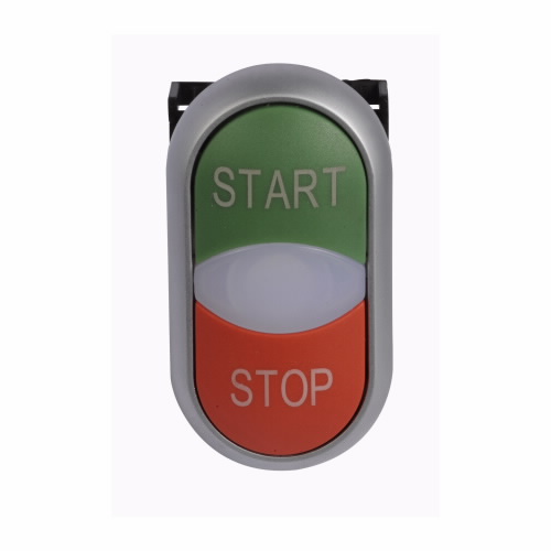 Product image for Cutler-Hammer M22-DDL-GR-GB1-GB0 M22 modular pushbutton, 22.5 mm, Extended, Momentary, Illuminated, Bezel: Silver, Button: Top Green, Bottom Red, Inscription: Top START, Bottom STOP/ GB1, GB2, IP66, NEM