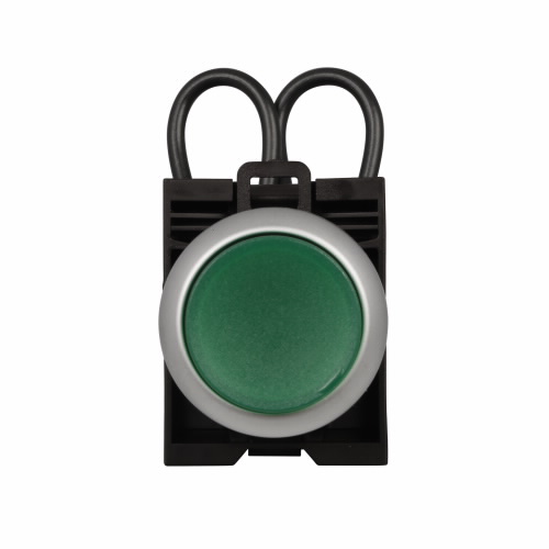 Product image for Cutler-Hammer M22-T-R-230R M22 modular pushbutton, Complete Press-to-Test unit, 22.5 mm, Momentary, Illuminated, Bezel: Silver, IP67, IP69K, NEMA 4X, 13, 85-264V, Red button