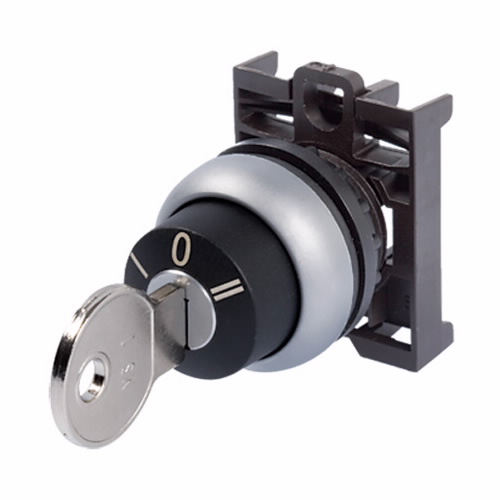 Product image for Cutler-Hammer M22-WRS M22 Modular Two Position Key-Operated Selector Switch, 22.5 mm, Maintained, Key removable left/ right, Non-illuminated, Bezel: Silver, Button: Black, MS1, IP66, NEMA 4X, 13, Two-Po