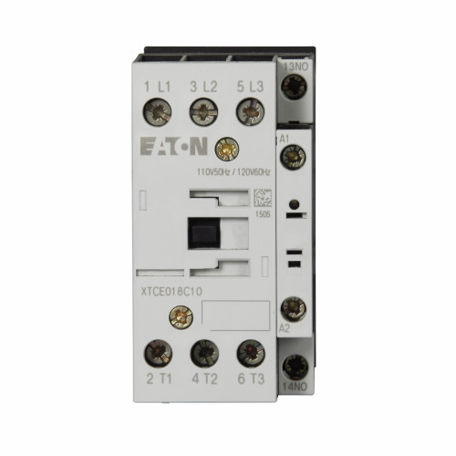 Product image for Cutler-Hammer XTCE018C10T XT IEC contactor, 18A, 24 Vac, 50-60 Hz, 1NO, 18A, Frame C, 45 mm, 50-60 Hz, 2, 2, 3/ 5, 5, 10, 15 hp (1/3PH @115, 200, 230/200, 230, 460, 575 V), Three-pole, Non-reversing, ,