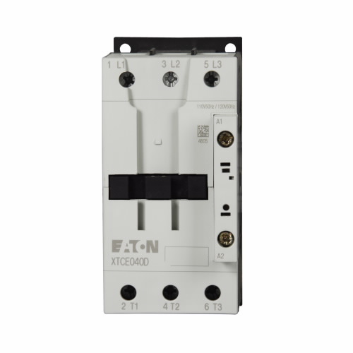 Product image for Cutler-Hammer XTCE040D00TD XT IEC contactor, 40A, 24-27 Vdc, 0NO-0NC, 40A, Frame D, 55 mm, 3, 5, 7.5/ 10, 15, 30, 40 hp (1/3PH @115, 200, 230/200, 230, 460, 575 V), Three-pole, Non-reversing, , Screw te