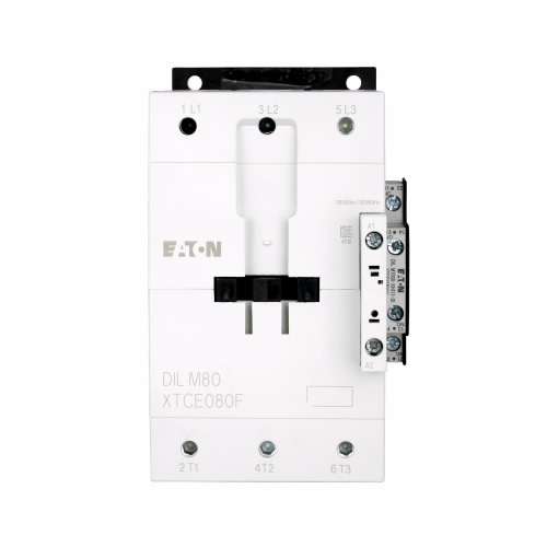 Product image for Cutler-Hammer XTCE080FS1TD XT IEC contactor, 80A, Side-mounted, 24-27 Vdc, 1NO-1NC, 80A, Frame F, 90 mm, 7.5, 15, 15/ 25, 30, 60, 75 hp (1/3PH @115, 200, 230/200, 230, 460, 575 V), Three-pole, Screw ter