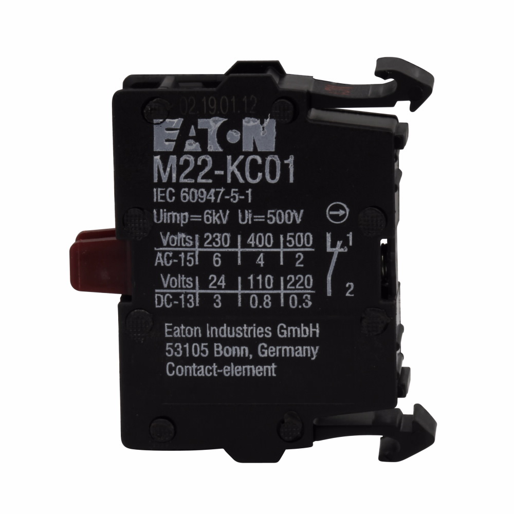 Product image for Cutler-Hammer M22-KC01 M22 pushbutton contact block, M22 Palm Switch contact block, 22.5 mm, Screw, Black, NC, IP66, NEMA 4X, 13