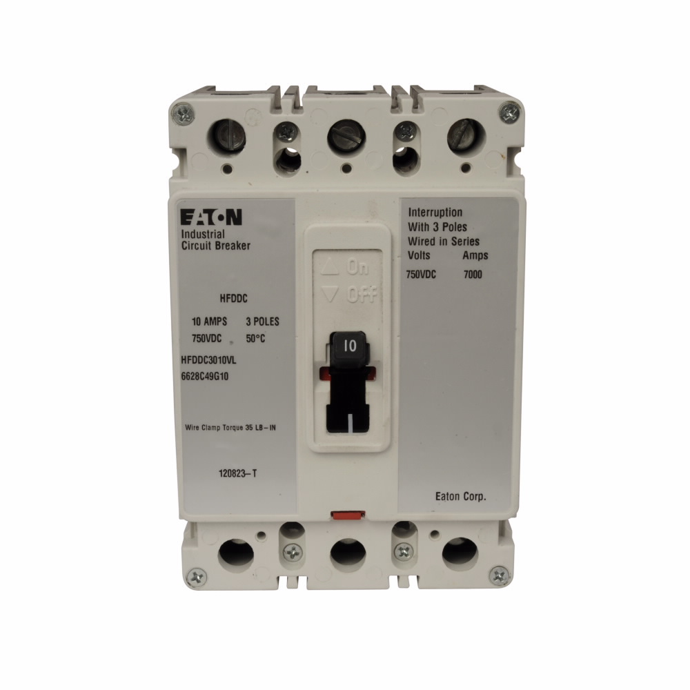 Product image for Cutler-Hammer HFDDC3020L Series C DC/PvGard complete molded case circuit breaker, F-frame, HFD, Complete breaker, Fixed thermal, fixed magnetic trip type, Three-pole, 20A, 600 Vac, 250 Vdc, 42 kAIC at 6