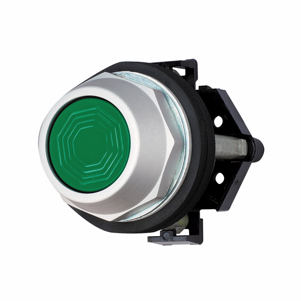 Product image for Cutler-Hammer HT8AAGA Eaton, 30.5 mm Watertight/Oiltight Pushbutton operator,Green,Plastic Actuator,Chrome bezel,1NO,Non-illuminated,Flush mounting,NEMA 3, 3R, 4, 4X, 12, 13,Momentary,30.5 mm,Flush Pushbutton