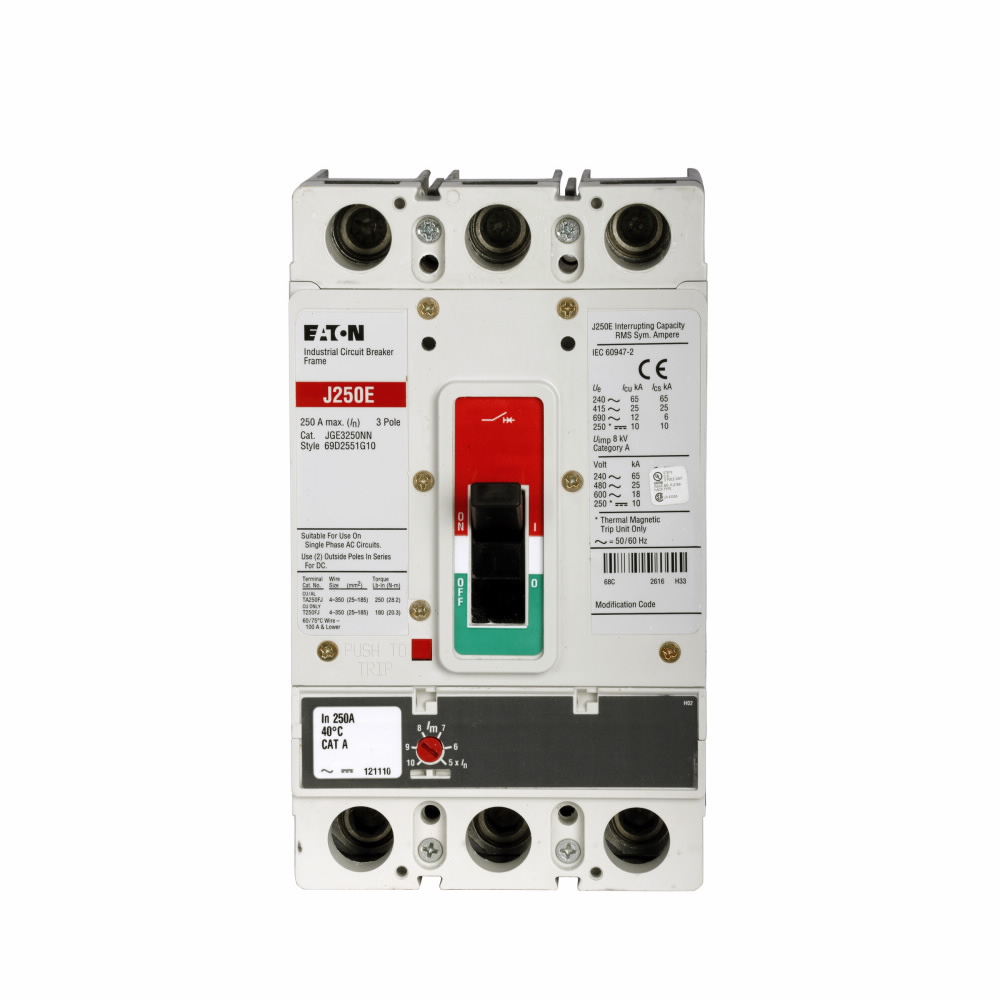 Product image for Cutler-Hammer JGE3175FAG Series G molded case circuit breaker, JG-frame, JG, Fixed thermal, adjustable magnetic trip, Three-pole, 175 A, 600 Vac, 65 kAIC at 240 Vac, 25 kAIC at 480 Vac, 18 kAIC at 600 V