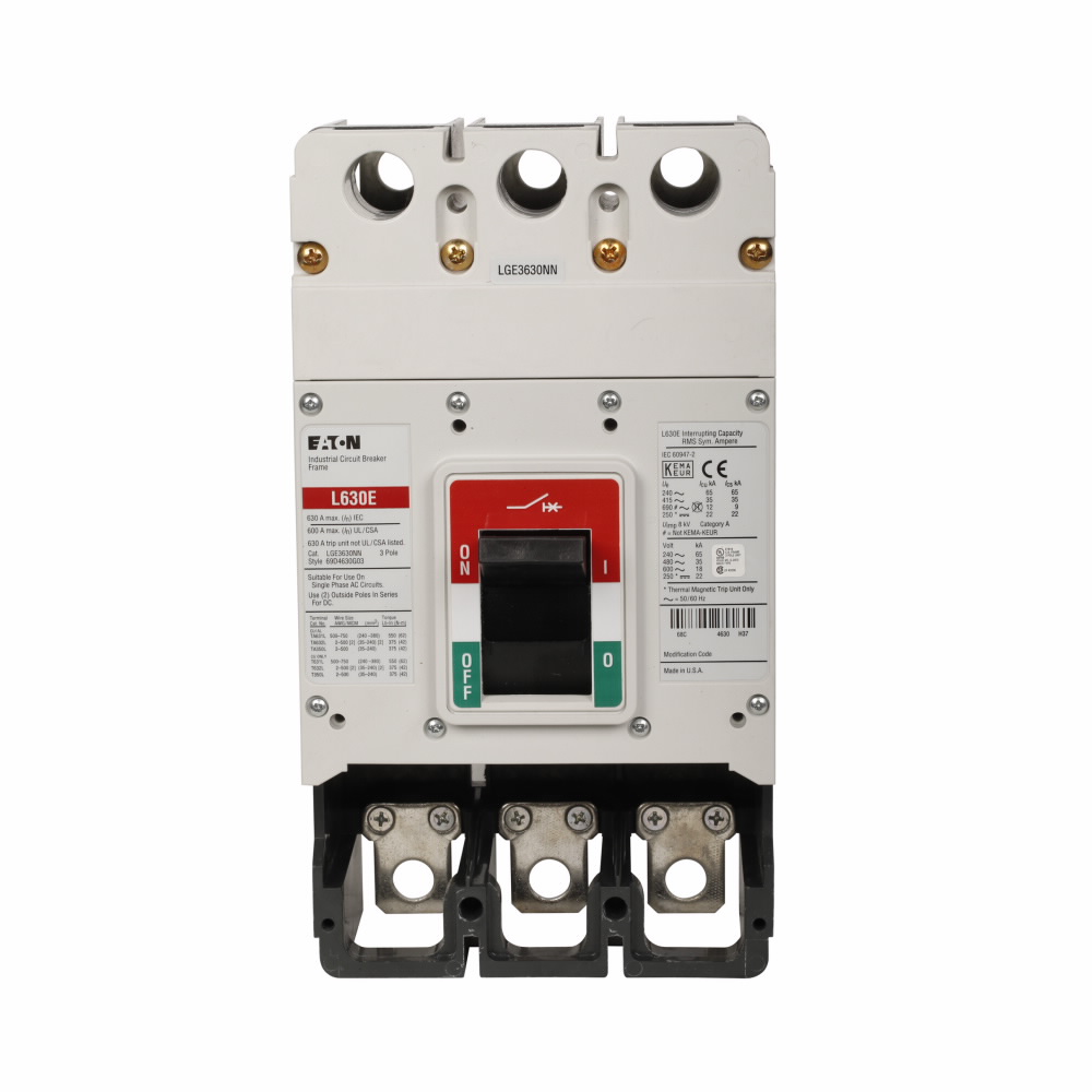 Product image for Cutler-Hammer LGE3630NN molded case circuit breaker accessory frame, Frame only, 630 A, 65 kAIC at 240 V, 35 kAIC at 480 V, 18 kAIC at 600 V, Three-pole, Frame only (no trip), Frame J-K, Series G