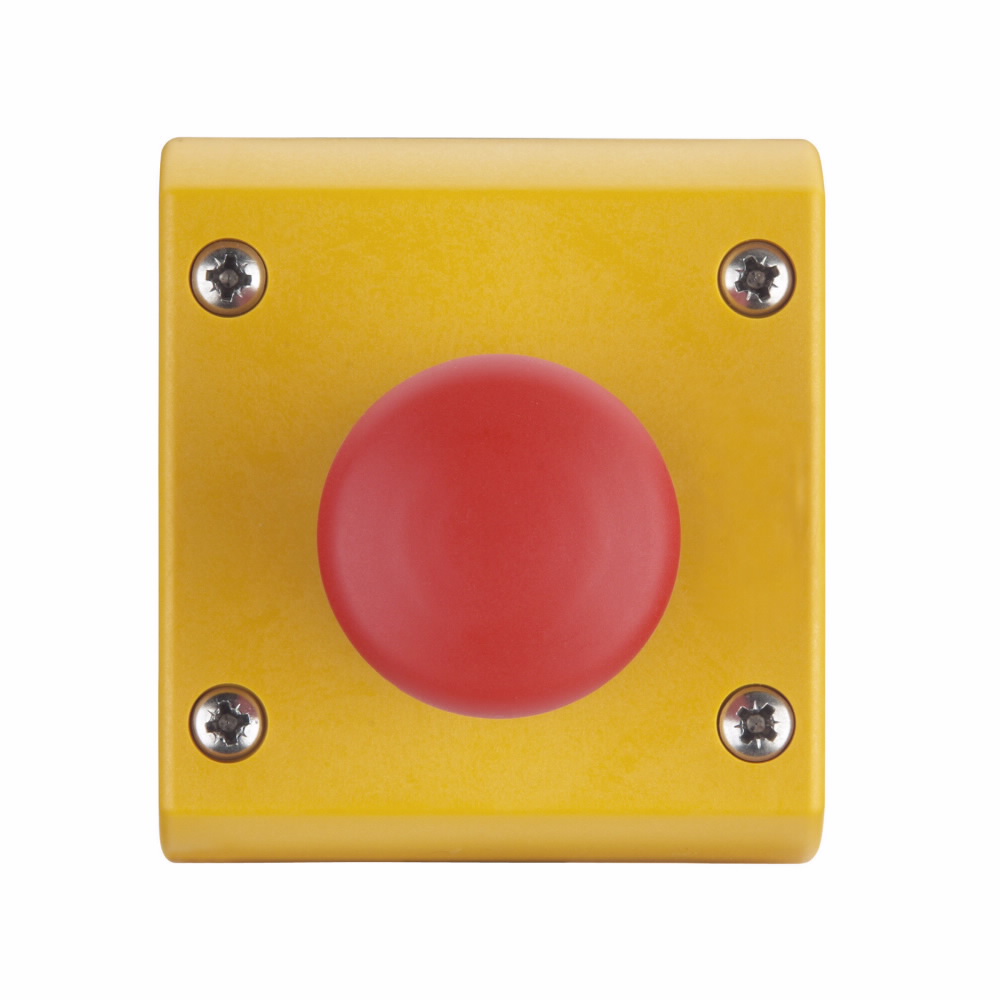 Product image for Cutler-Hammer M22-C1-M4H M22 Assembled One Element Control Station, 22.5 mm, 40 mm key-release mushroom head, Maintained, Non-illuminated, Button: Red, NC, IP66, UL (NEMA) Type 4X, 13, Horizontal, Base: Black