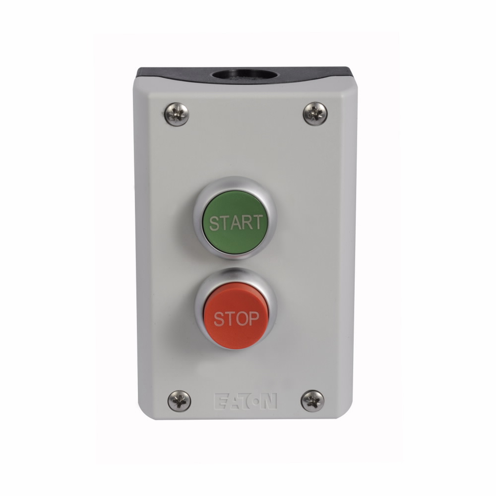 Product image for Cutler-Hammer M22-C2-M2V M22 Assembled two element control station, 22.5 mm, Top: flush, Bottom: extended, Momentary, Non-illuminated, Button: Green, Red, IP66, UL (NEMA) Type 4X, 13