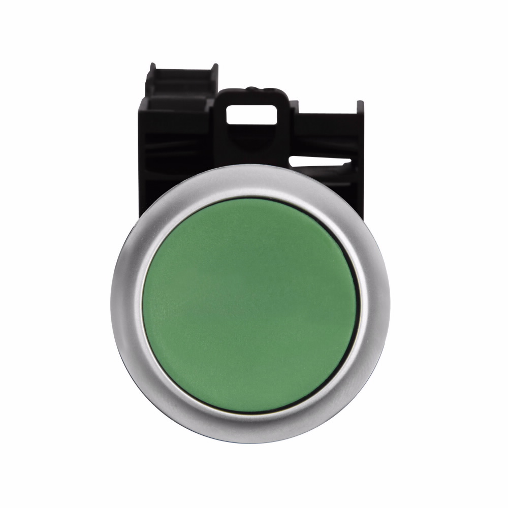 Product image for Cutler-Hammer M22-D-G-K10 22.5 mm RMQ-Titan Pushbutton,Green Actuator,Silver bezel,1NO,IP67, IP69K,Non-Illuminated,Flush mounting,NEMA 4X, 13,5,000,000 operations,Momentary,22.5 mm,Flush Pushbutton,M22