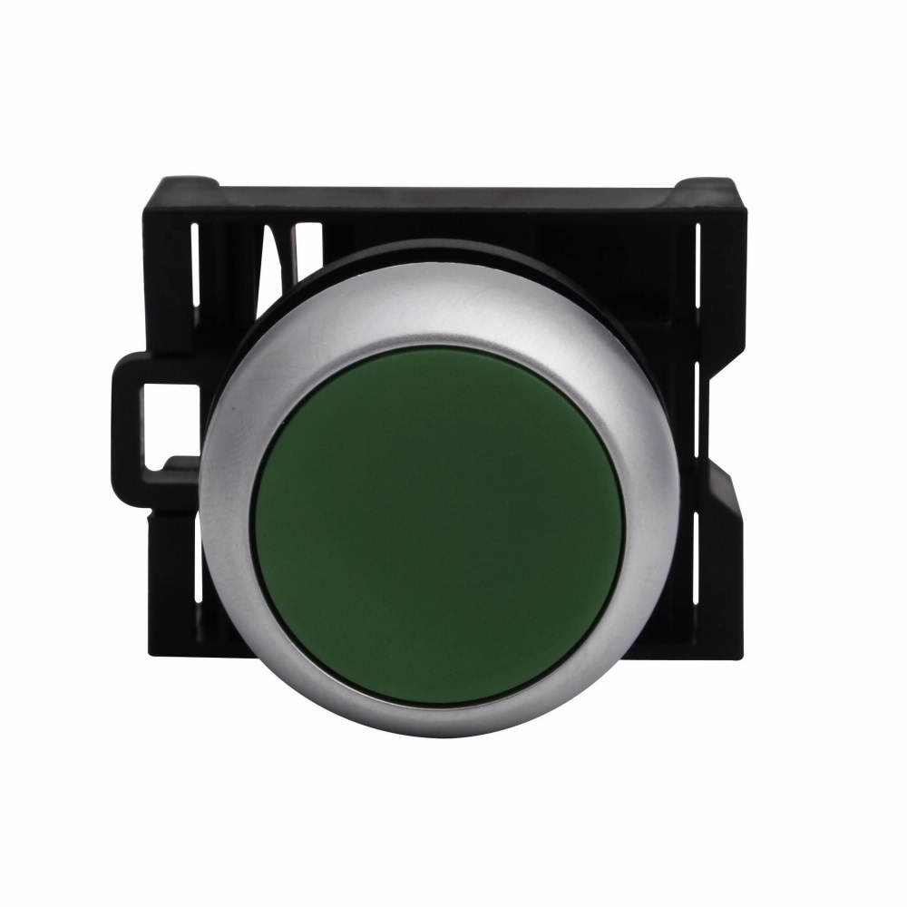 Product image for Cutler-Hammer M22-D-G 22.5 mm RMQ-Titan Pushbutton,Green Actuator,Silver bezel,IP67, IP69K,Non-illuminated,Flush mounting,NEMA 4X, 13,5,000,000 operations,Momentary,22.5 mm,Flush Pushbutton,M22