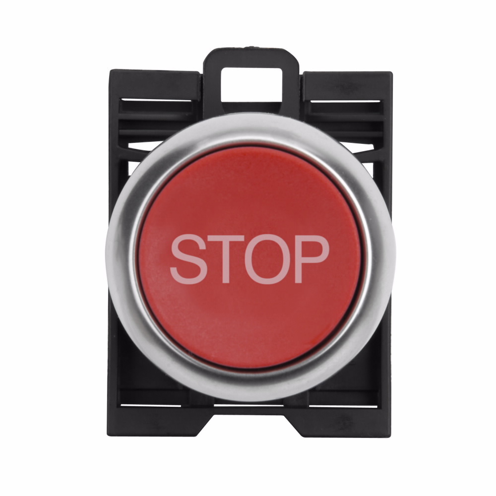 Product image for Cutler-Hammer M22-D-R-GB0 22.5 mm RMQ-Titan Pushbutton,STOP,Red Actuator,Silver bezel,IP67, IP69K,Non-illuminated,Flush mounting,NEMA 4X, 13,5,000,000 operations,Momentary,22.5 mm,Flush Pushbutton,M22