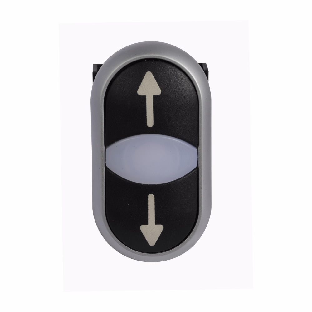 Product image for Cutler-Hammer M22-DDL-S-X7-X7 M22 modular pushbutton, 22.5 mm, Extended, Momentary, Illuminated, Bezel: Silver, Button: Top/bottom: Black, Inscription: Top up arrow, Bottom down arrow/ X7, IP66, NEMA 4X