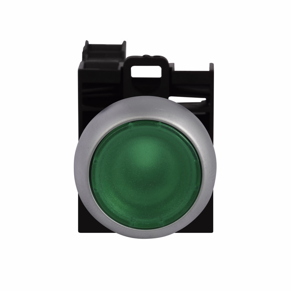 Product image for Cutler-Hammer M22-DL-G-K10-G M22 modular pushbutton, Complete Device, 22.5 mm, Flush, Momentary, Illuminated, Bezel: Silver, Button: Green, 1NO, IP67, IP69K, NEMA 4X, 13, 12-30 Vac/dc